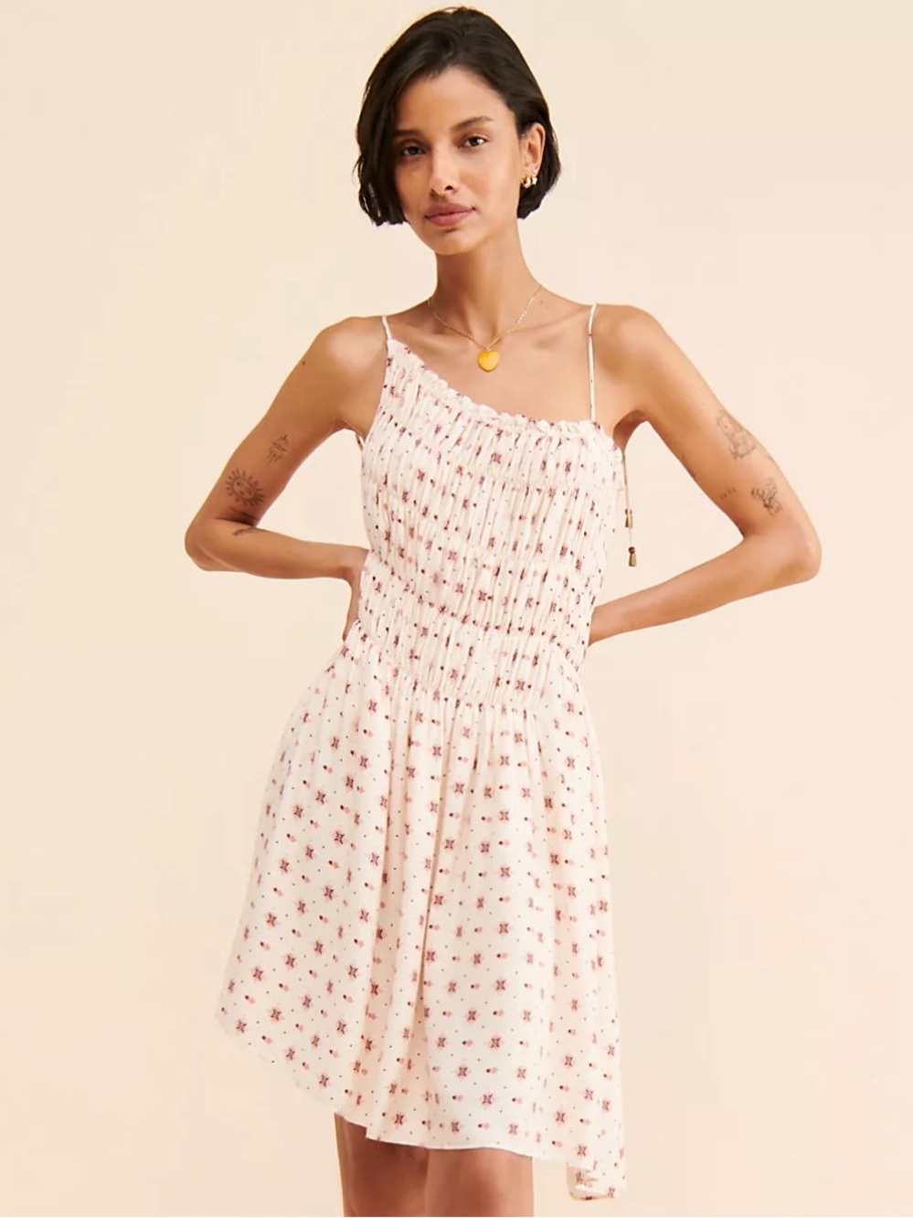 Free People Clementina Mini Dress Smocked Floral Cami Blush White Size Large